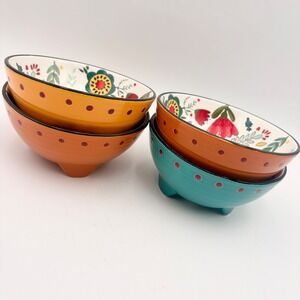 Taco Tuesday Collection Set of 4 Footed Ceramic Bowls Folk Art Floral Pattern